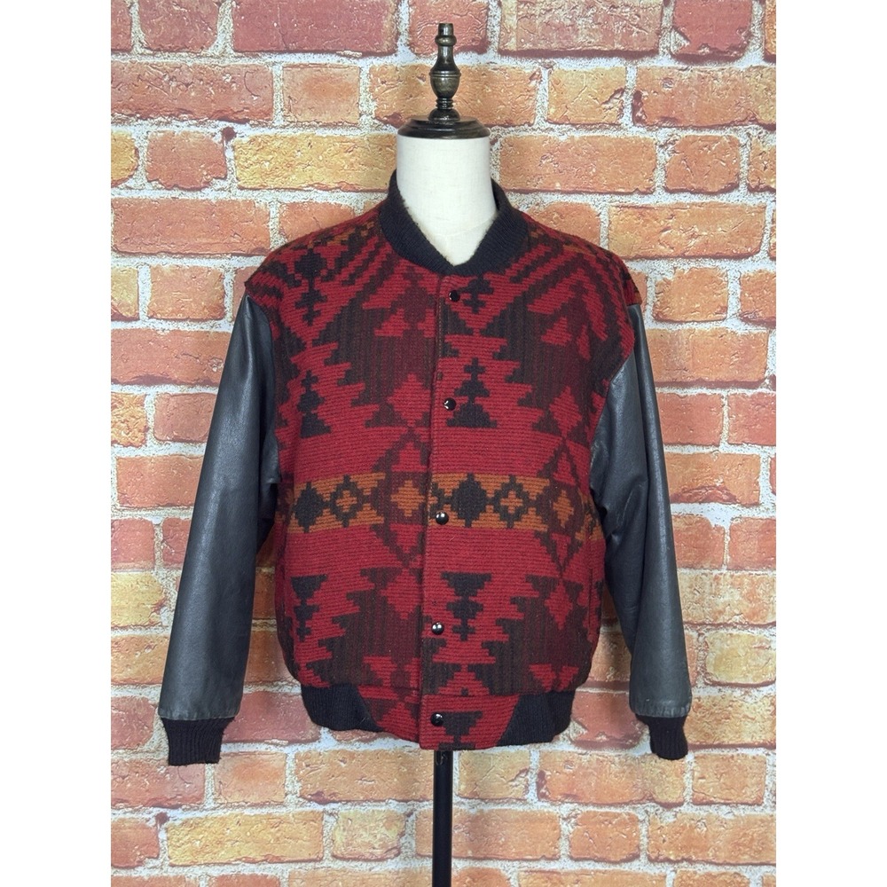 Vintage Woolrich Jacket Size Medium Red Wool Aztec Leather Sleeves Bomber USA
